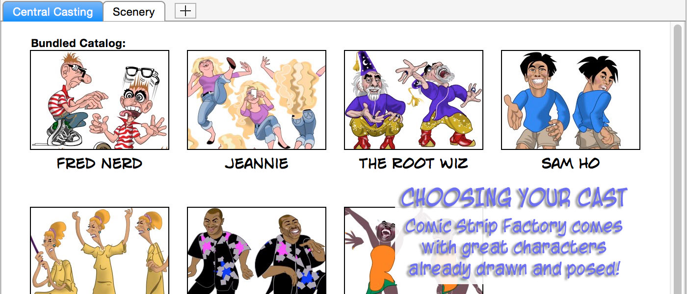 For your comic's cast, Comic Strip Factory comes with great characters already drawn and posed.